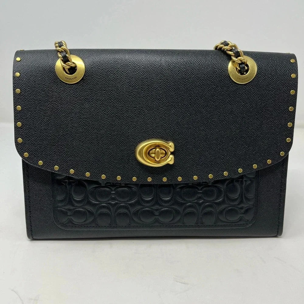 Coach Parker Mixed Media Studded Convertible Shoulder Bag Black/Gold Leather - Picture 1 of 8